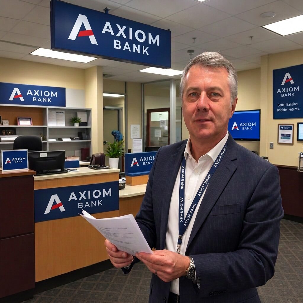 A AXIOM BANK banker holding account documents inside a AXIOM BANK branch