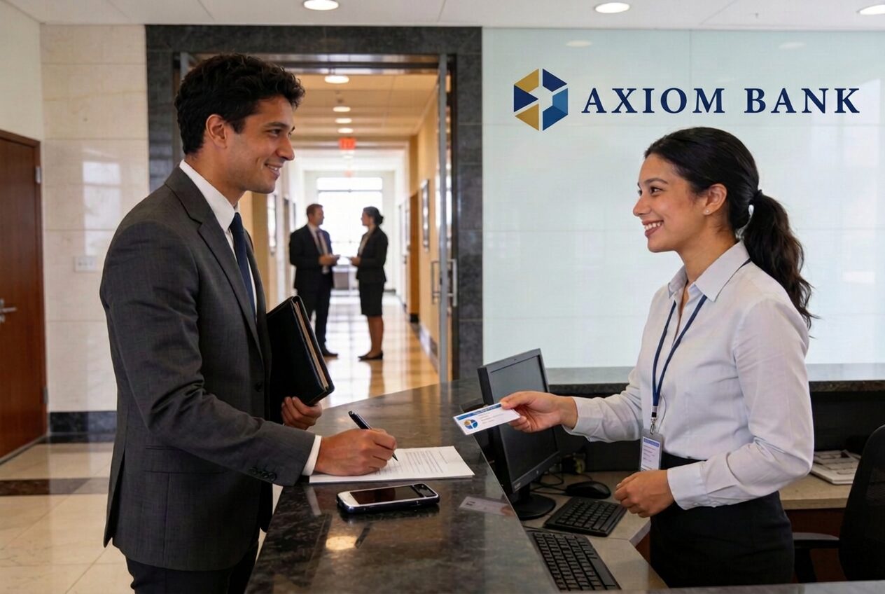 A visitor signing in at a AXIOM BANK reception desk while a team member hands over a badge